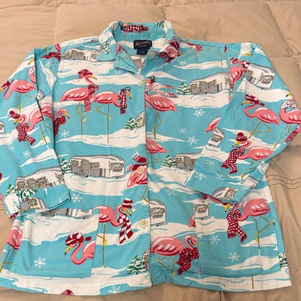 Nick & Nora Blue Pajama Top with Flamingo Design - Picture 1 of 4